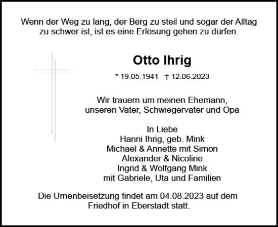 Traueranzeige von Otto Ihrig von Darmstädter Echo