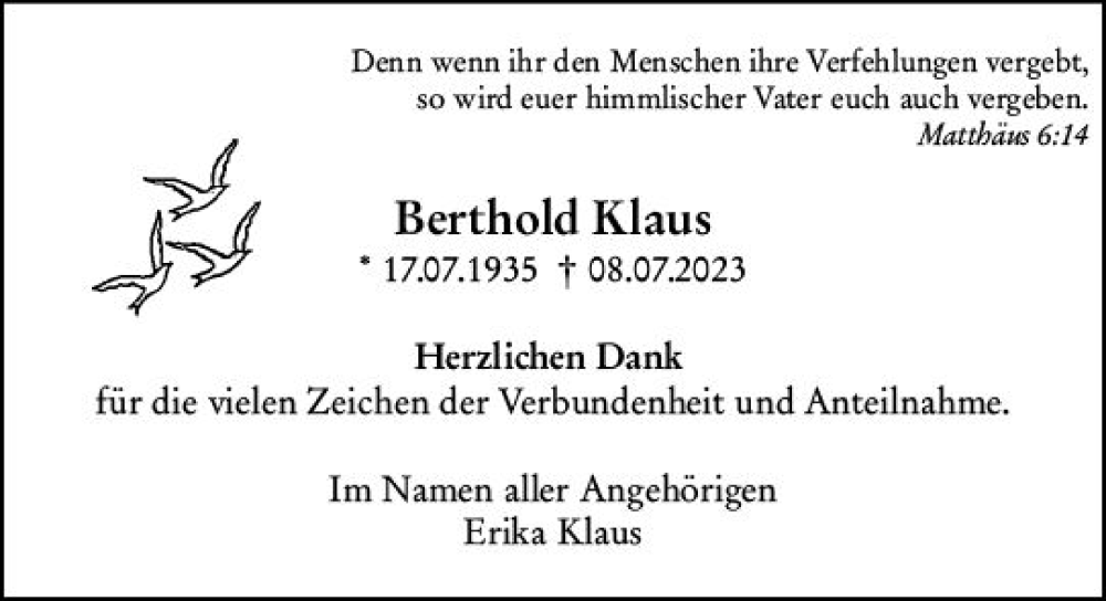 Traueranzeigen Von Berthold Klaus Vrm Trauerde