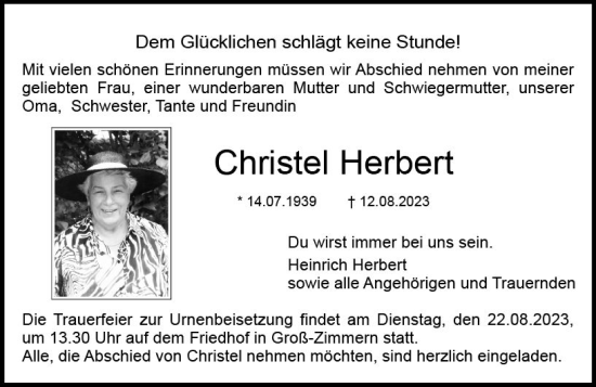 Traueranzeigen Von Christel Herbert Vrm Trauerde 