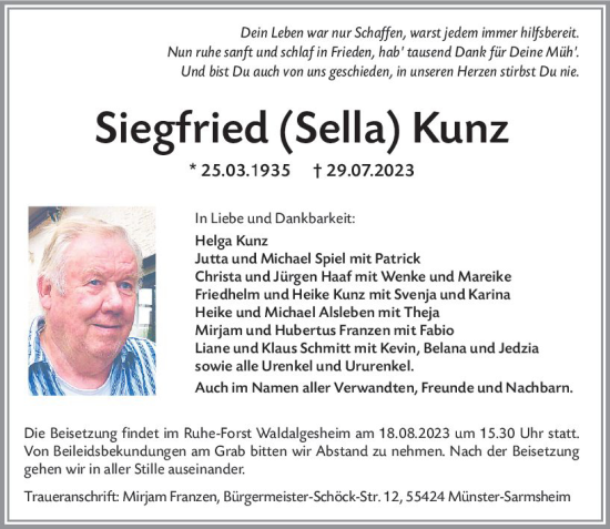 Traueranzeigen Von Siegfried Kunz Vrm Trauer De