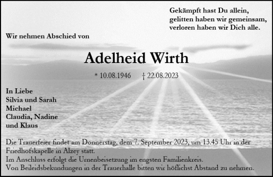 Traueranzeigen Von Adelheid Wirth Vrm Trauer De