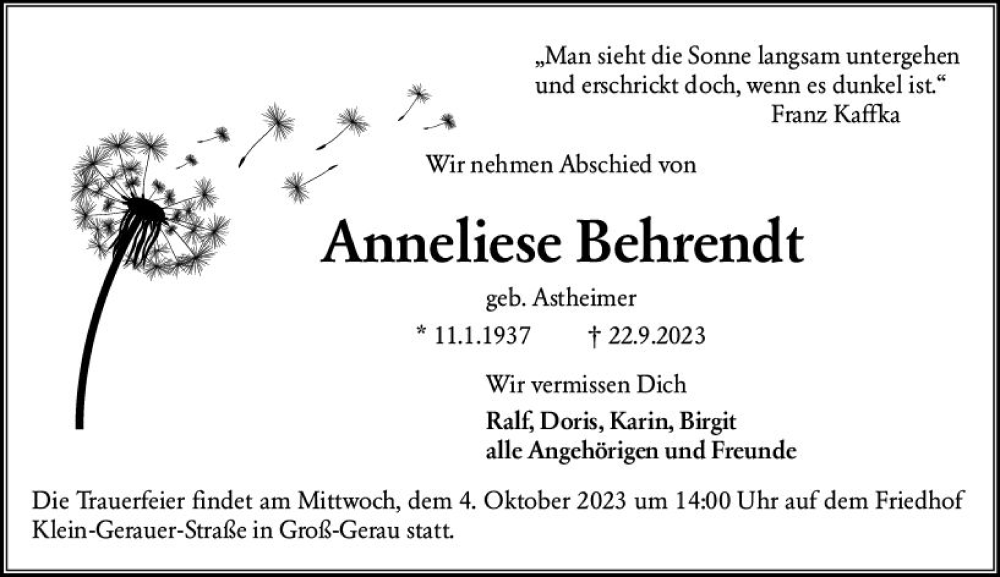  Traueranzeige für Anneliese Behrendt vom 30.09.2023 aus Groß-Gerauer Echo