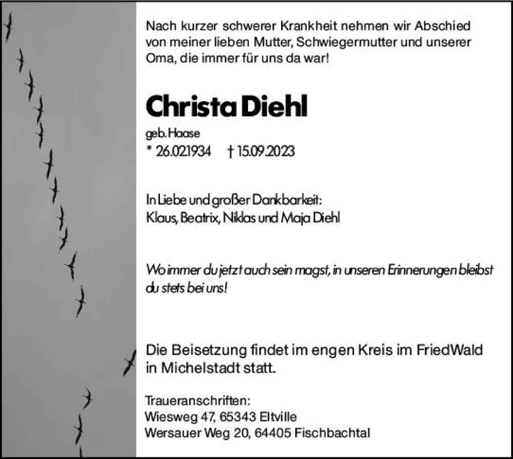  Traueranzeige für Christa Diehl vom 23.09.2023 aus Darmstädter Echo