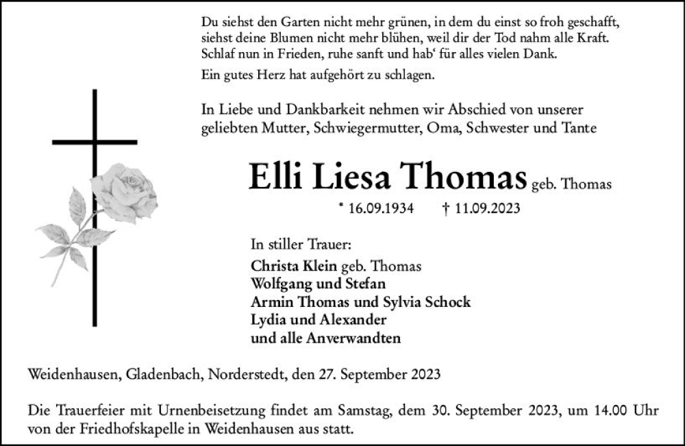 Traueranzeigen Von Elli Liesa Thomas | Www.vrm-trauer.de