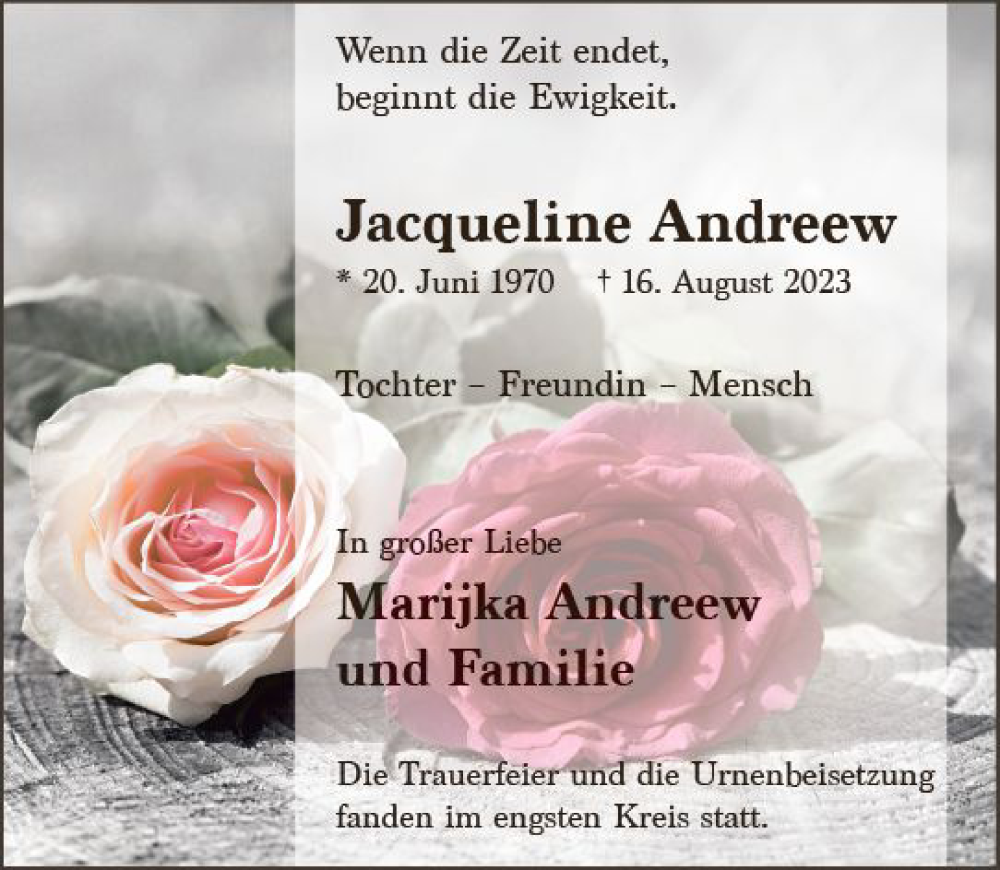  Traueranzeige für Jacqueline Andreew vom 09.09.2023 aus Wiesbadener Kurier