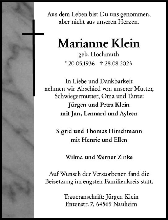 Traueranzeigen Von Marianne Klein | Www.vrm-trauer.de