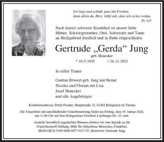 Traueranzeigen von Gertrude Jung | www.vrm-trauer.de