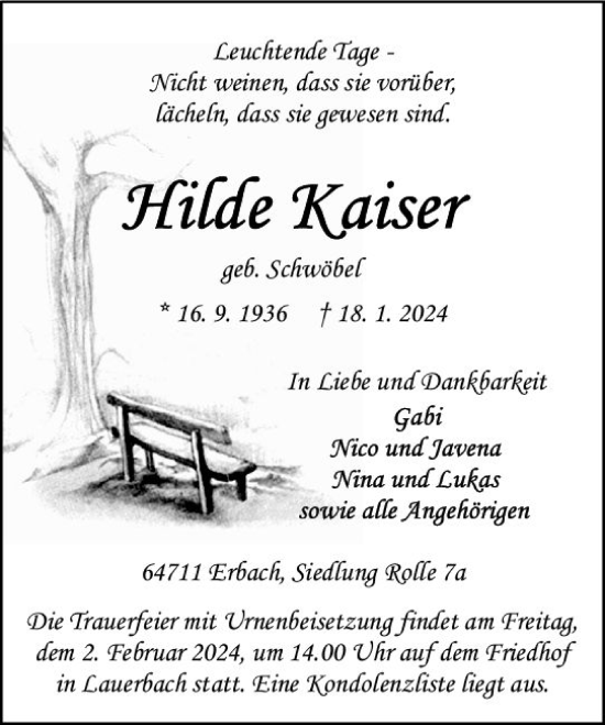 Traueranzeige von Hilde Kaiser von Odenwälder Echo