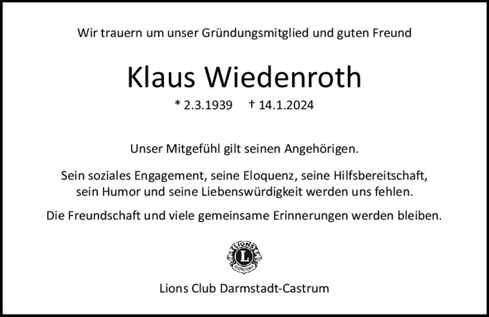  Traueranzeige für Klaus Wiedenroth vom 16.01.2024 aus Darmstädter Echo