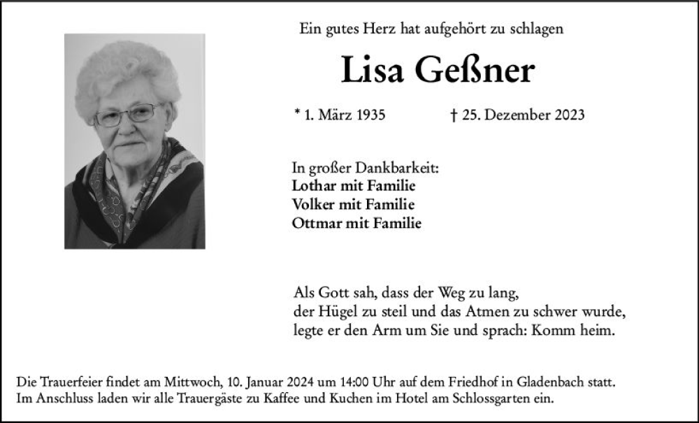 Traueranzeigen von Lisa Geßner | www.vrm-trauer.de