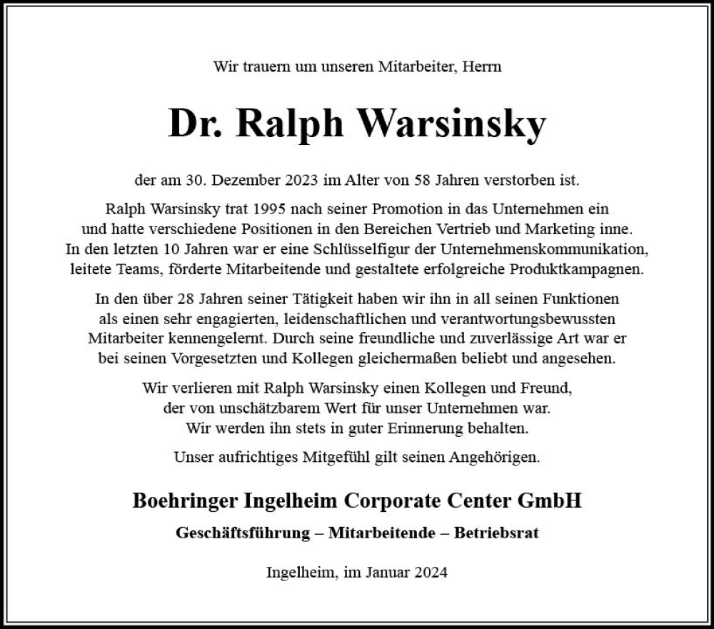  Traueranzeige für Ralph Warsinsky vom 13.01.2024 aus Allgemeine Zeitung Bingen/Ingelheim