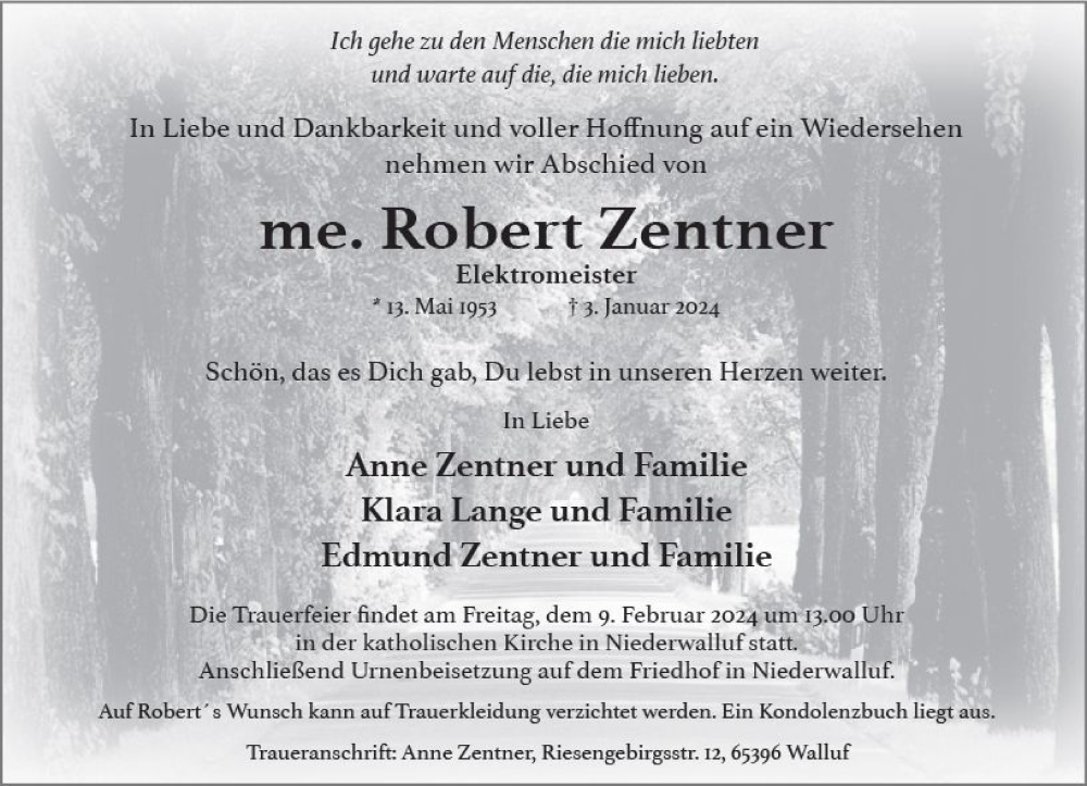  Traueranzeige für Robert Zentner vom 20.01.2024 aus Wiesbadener Kurier