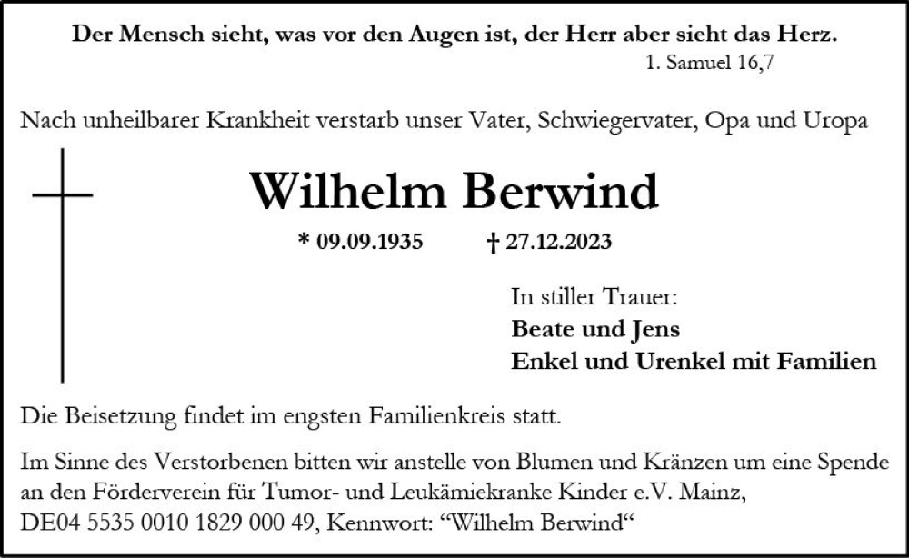 Traueranzeigen Von Wilhelm Berwind | Www.vrm-trauer.de