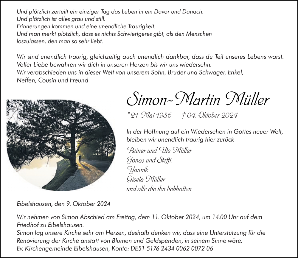  Traueranzeige für Simon-Martin Müller vom 09.10.2024 aus Dill Block