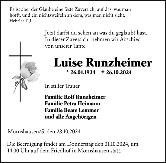 Traueranzeige von Luise Runzheimer von Hinterländer Anzeiger