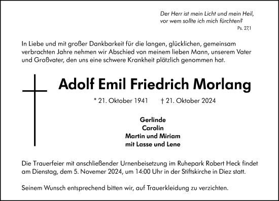 Traueranzeige von Adolf Emil Friedrich Morlang von Nassauische Neue Presse