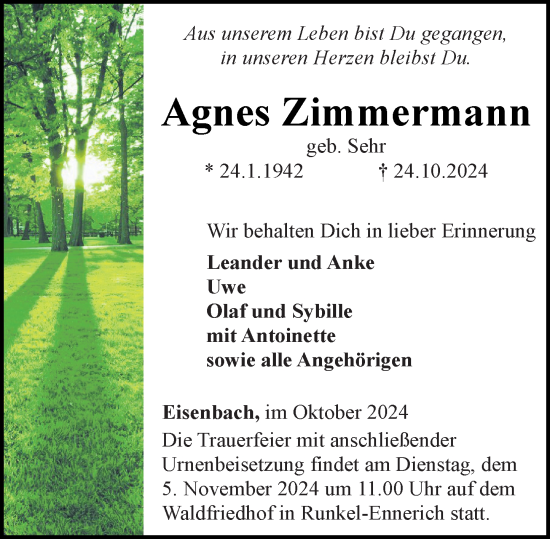 Traueranzeige von Agnes Zimmermann von Camberger Anzeiger