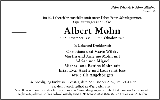 Traueranzeige von Albert Mohn von Wiesbadener Kurier