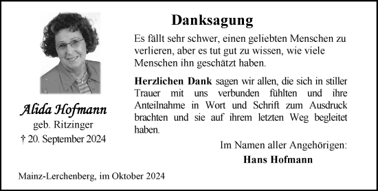 Traueranzeige von Alida Hofmann von Allgemeine Zeitung Mainz