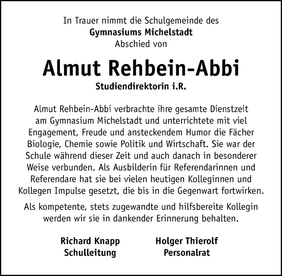 Traueranzeige von Almut Rehbein-Abbi von Odenwälder Echo