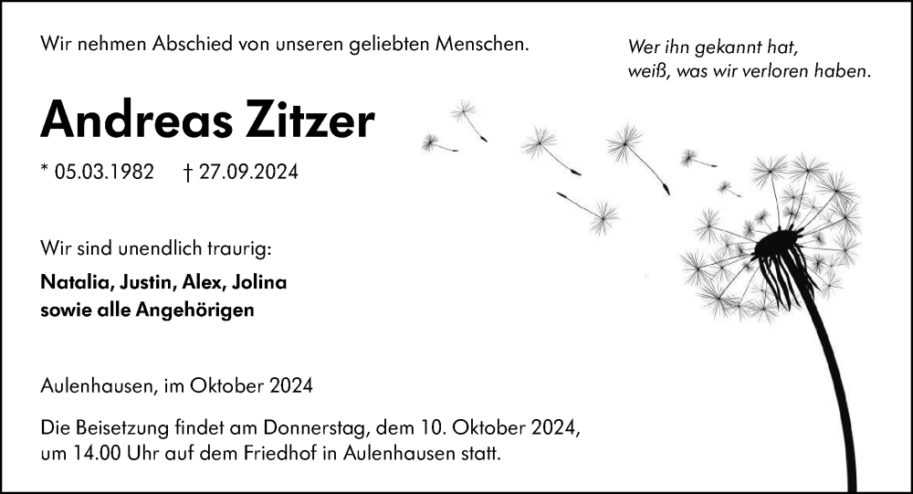  Traueranzeige für Andreas Zitzer vom 07.10.2024 aus Weilburger Tageblatt