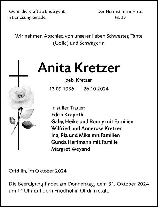 Traueranzeige von Anita Kretzer von Dill Block