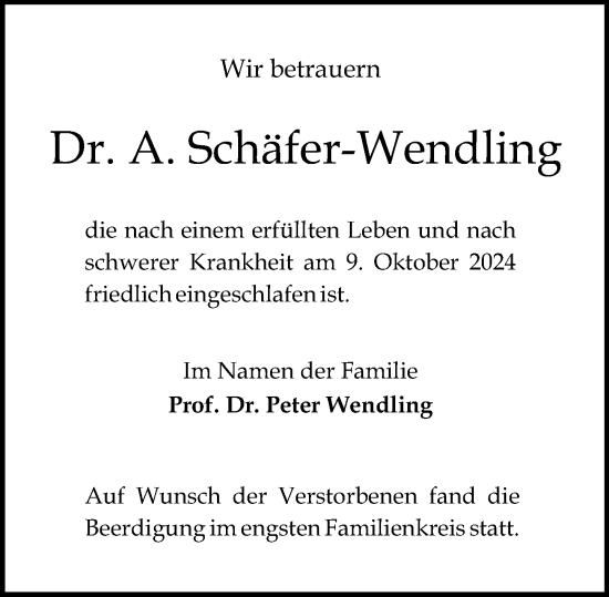 Traueranzeige von Anna Maria Schäfer-Wendling von Allgemeine Zeitung Mainz