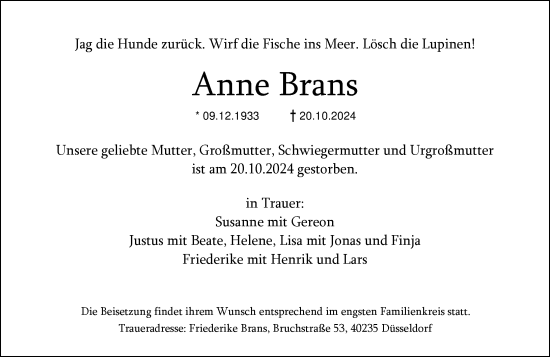 Traueranzeige von Anne Brans von Wetzlarer Neue Zeitung