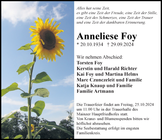 Traueranzeige von Anneliese Foy von Allgemeine Zeitung Mainz