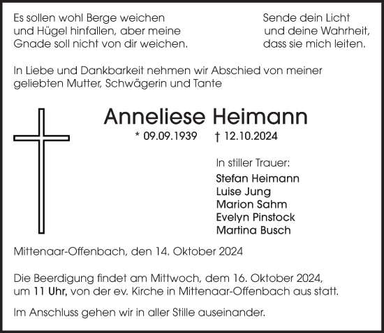 Traueranzeige von Anneliese Heimann von Dill Block