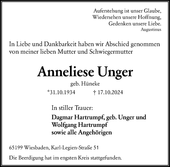 Traueranzeige von Anneliese Unger von Wiesbadener Kurier