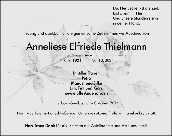 Traueranzeige von Anneliese Elfriede Thielmann von Dill Block