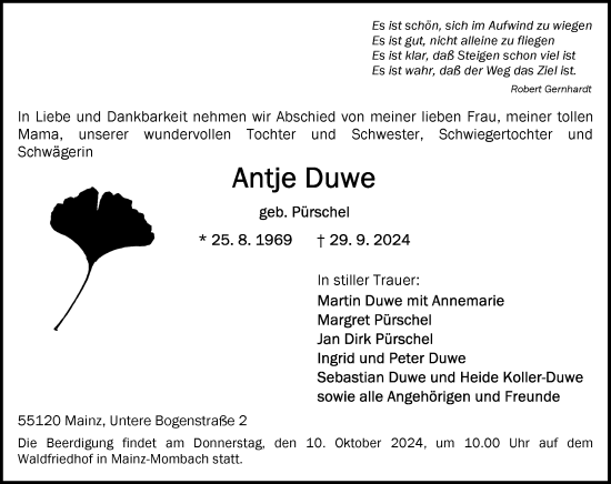 Traueranzeige von Antje Duwe von Allgemeine Zeitung Mainz