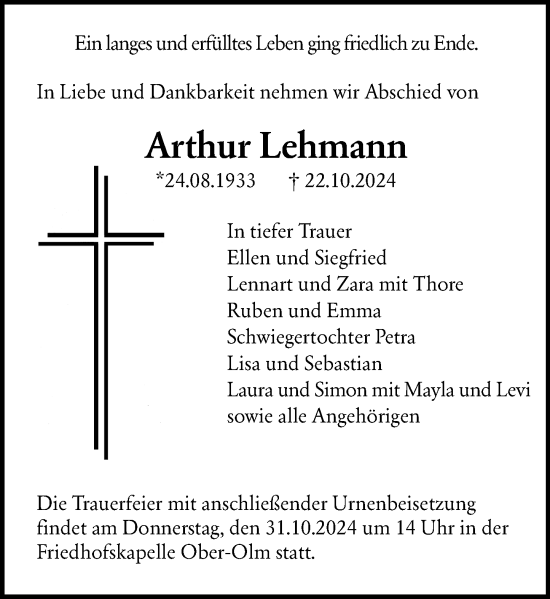 Traueranzeige von Arthur Lehmann von Allgemeine Zeitung Mainz