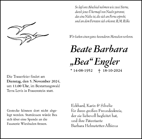 Traueranzeige von Beate Barbara Engler von Wiesbadener Kurier