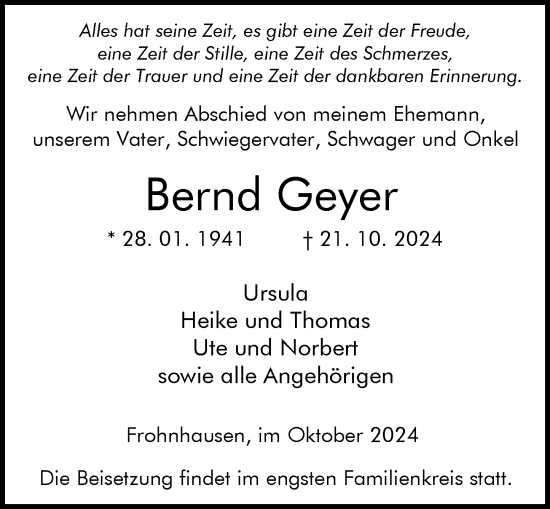 Traueranzeige von Bernd Geyer von Dill Block