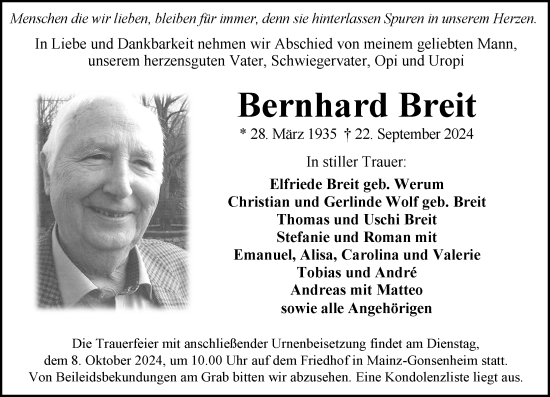 Traueranzeige von Bernhard Breit von Allgemeine Zeitung Mainz