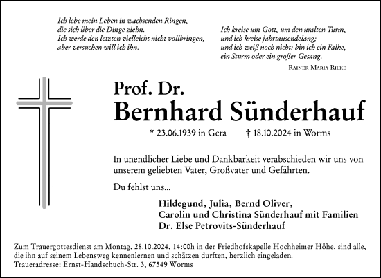 Traueranzeige von Bernhard Sünderhauf von Wormser Zeitung