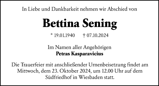 Traueranzeige von Bettina Sening von Wiesbadener Kurier