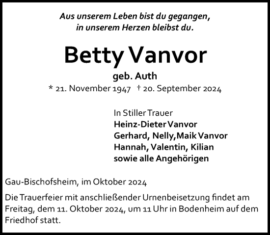 Traueranzeige von Betty Vanvor von Allgemeine Zeitung Mainz