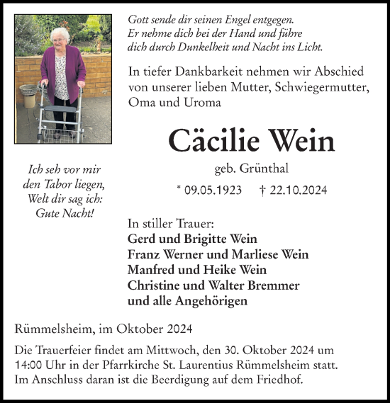 Traueranzeige von Cäcilie Wein von Allgemeine Zeitung Rheinhessen-Nahe