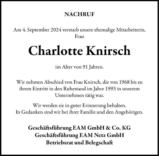 Traueranzeige von Charlotte Knirsch von Dill Block