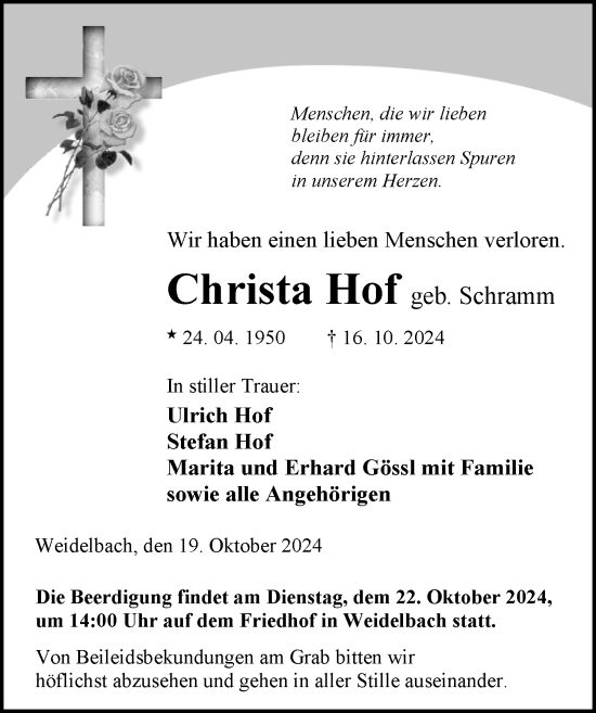 Traueranzeige von Christa Hof von Dill Block