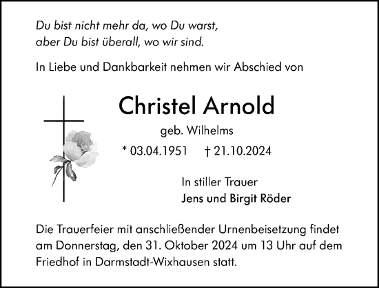 Traueranzeige von Christel Arnold von Darmstädter Echo