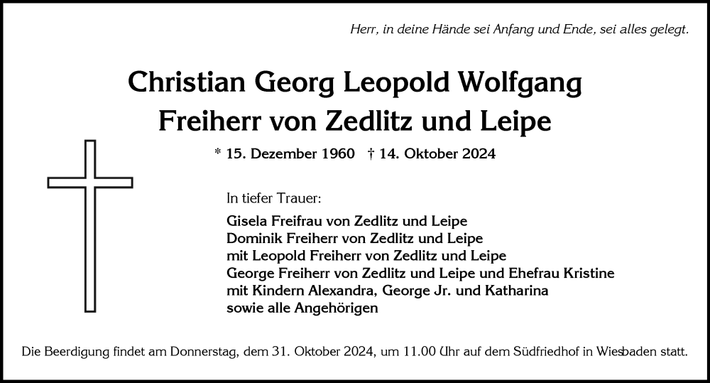  Traueranzeige für Christian Georg Leopold Wolfgang Freiherr von Zedlitz und Leipe vom 19.10.2024 aus Wiesbadener Kurier