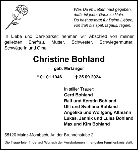 Traueranzeige von Christine Bohland von Allgemeine Zeitung Mainz