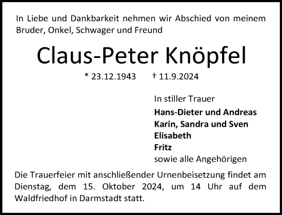 Traueranzeige von Claus-Peter Knöpfel von Darmstädter Echo