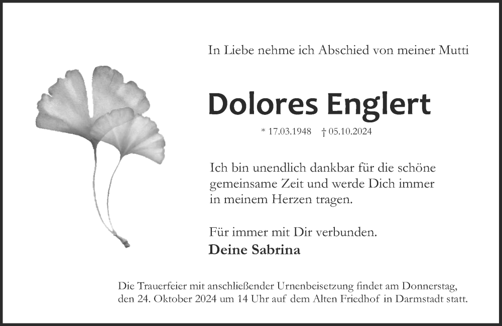  Traueranzeige für Dolores Englert vom 12.10.2024 aus Darmstädter Echo