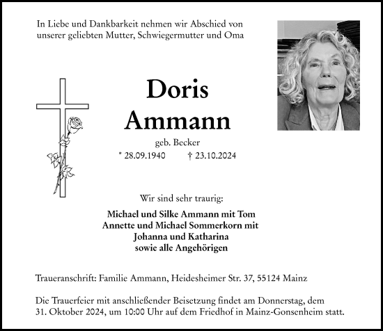 Traueranzeige von Doris Ammann von Allgemeine Zeitung Mainz