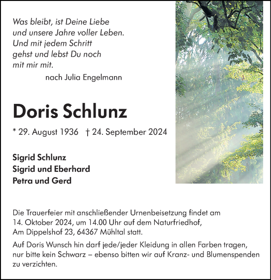 Traueranzeige von Doris Schlunz von Darmstädter Echo